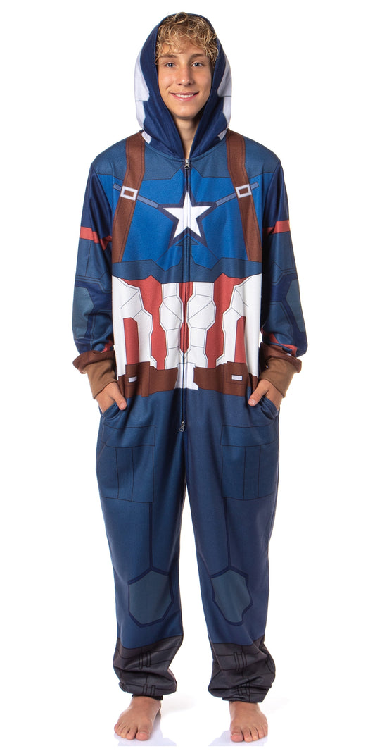 Marvel Captain America Winter Soldier Superhero Adult Hooded Union Suit Costume Pajama For Men and Women