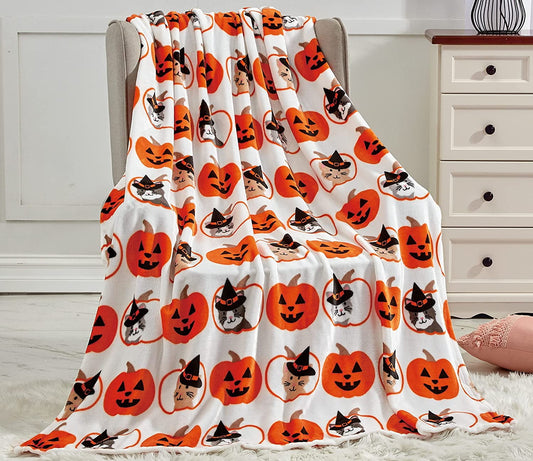 Mocassi Lightweight Throw Blanket- Halloween Themed, Soft, Cozy and Plush- Throw Blankets, Perfect for Lounging this Spooky Season, 50 x 60 inches, Pumpkin Cats, Throw Blanket