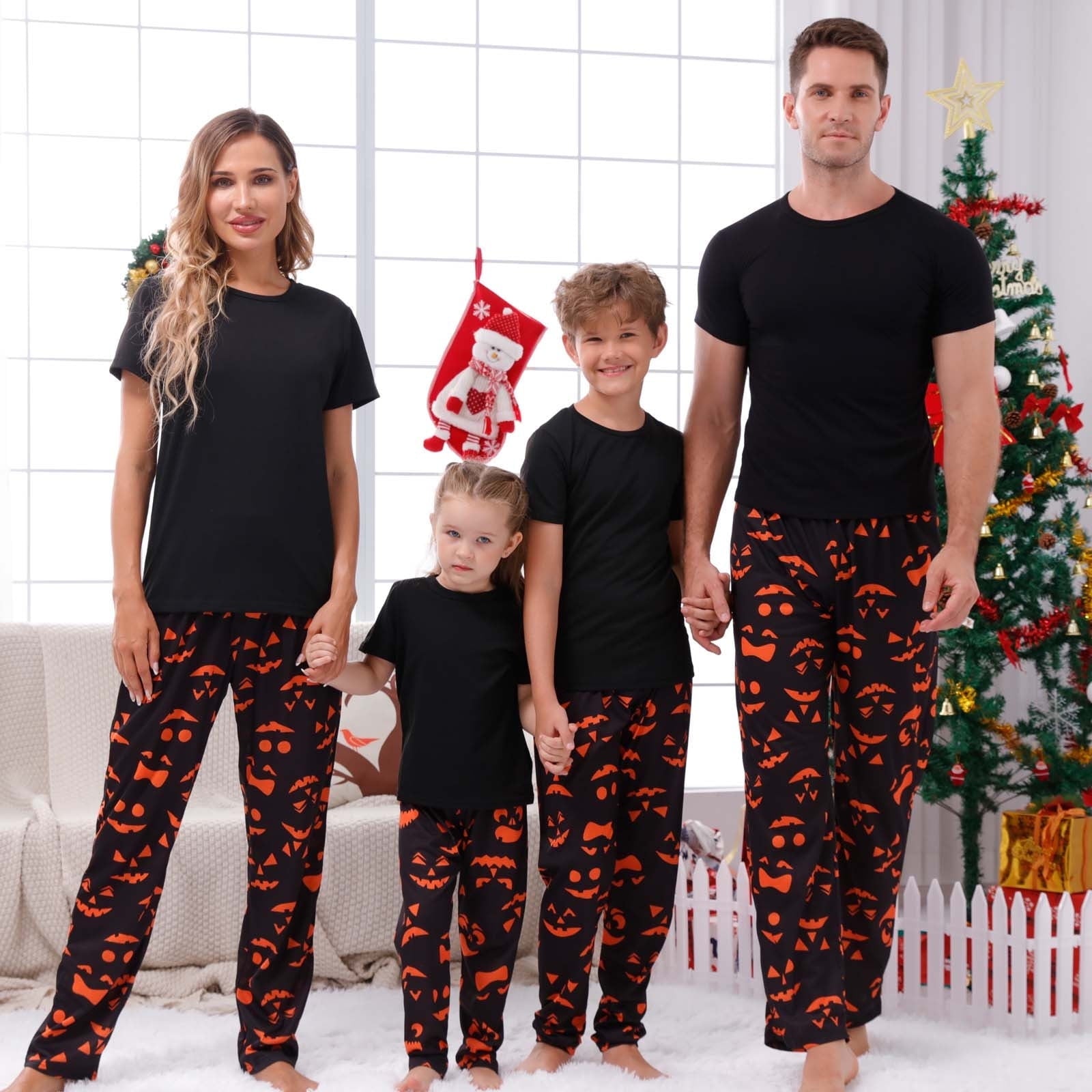 Odeerbi Matching Family Halloween Pajamas Sets Halloween Printed Family Outfits Sets 2025 Casual Short Sleeve Top with Bottom Home Wear Loungewear Sleepwear Jammies for Dad