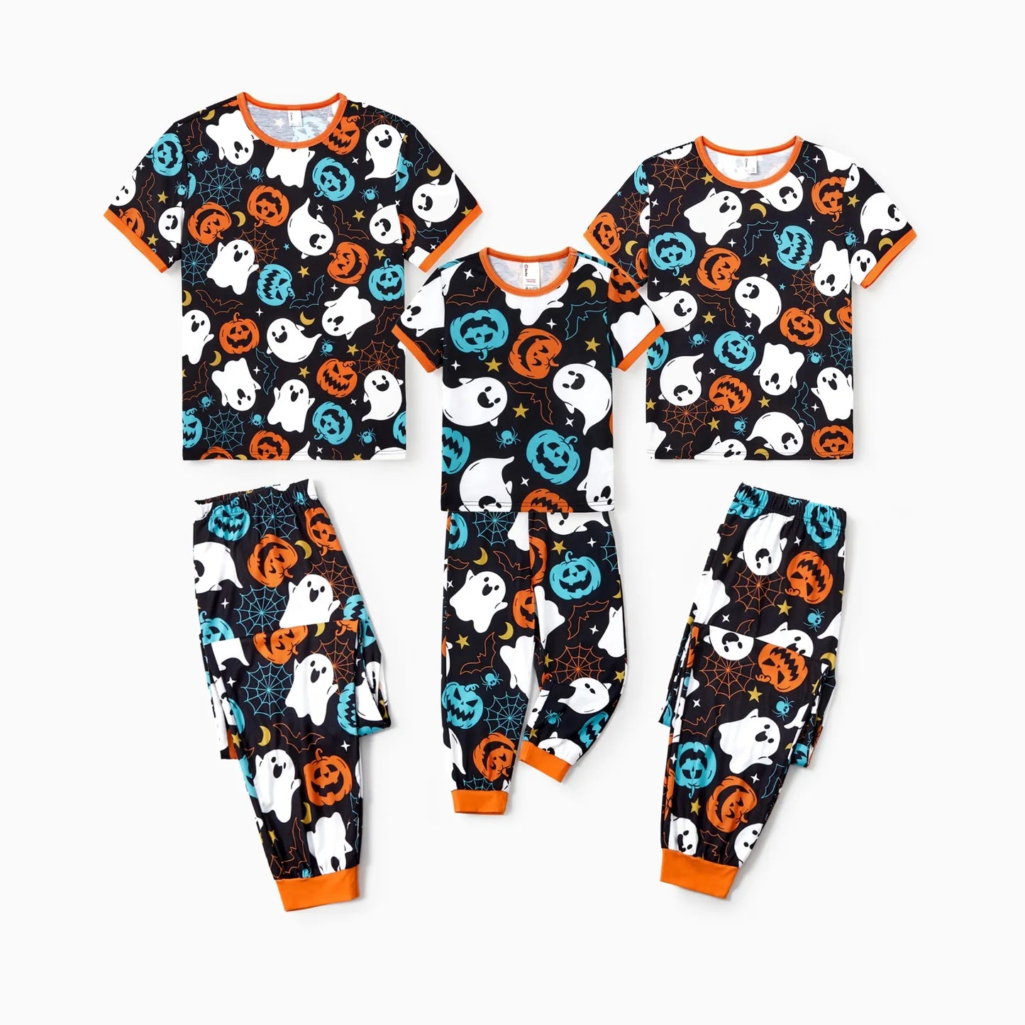 PatPat Halloween Pajamas Men 2 Piece Top & Pants Pjs Sets Family Matching Ghost and Pumpkin Allover Print Short Sleeve Sleepwear, Black, XL