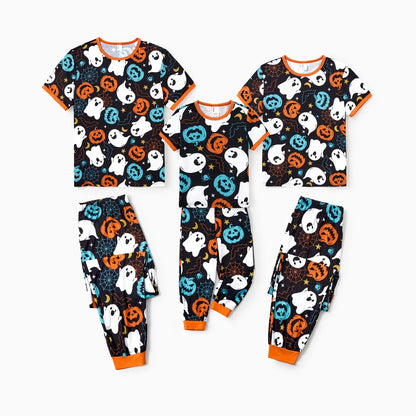 PatPat Halloween Pajamas Men 2 Piece Top & Pants Pjs Sets Family Matching Ghost and Pumpkin Allover Print Short Sleeve Sleepwear, Black, XL