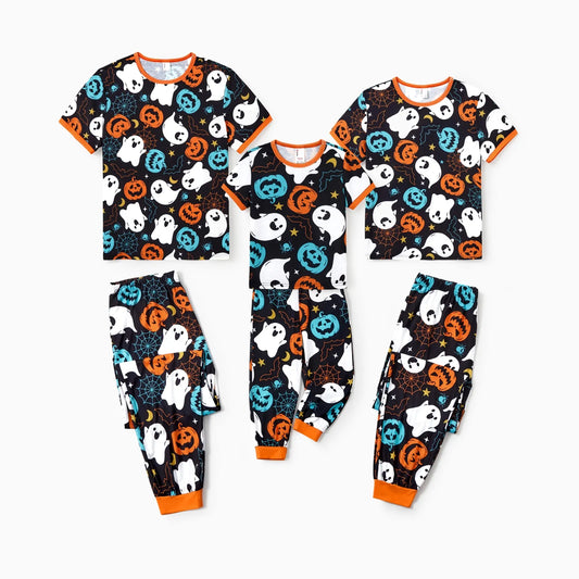 PatPat Halloween Pajamas Men 2 Piece Top & Pants Pjs Sets Family Matching Ghost and Pumpkin Allover Print Short Sleeve Sleepwear, Black, XL