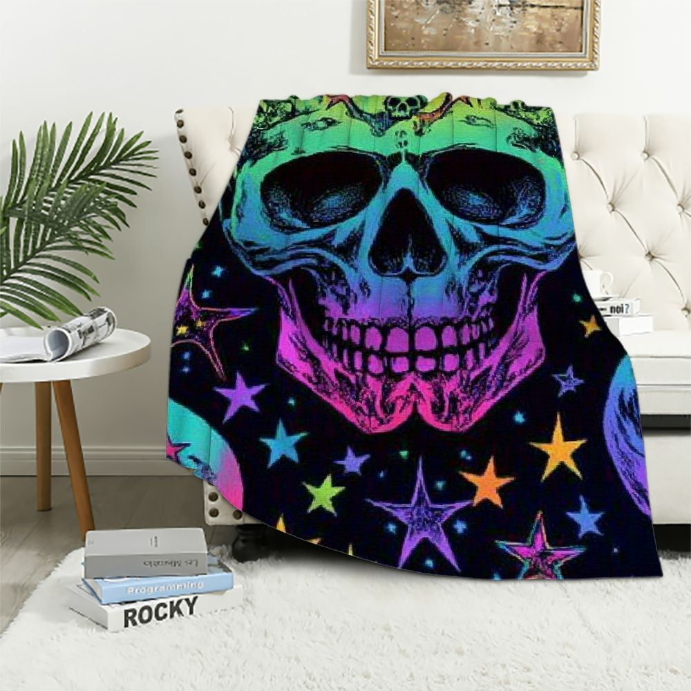 Patifu Sugar Skull Flannel Fleece Blanket Gothic Skull Star Colorful Plush Throw Blanket, Halloween Themed All Season,Bed Blanket for Sofa Couch Kids Microfiber Bones Rainbow Room Decor  60x80in
