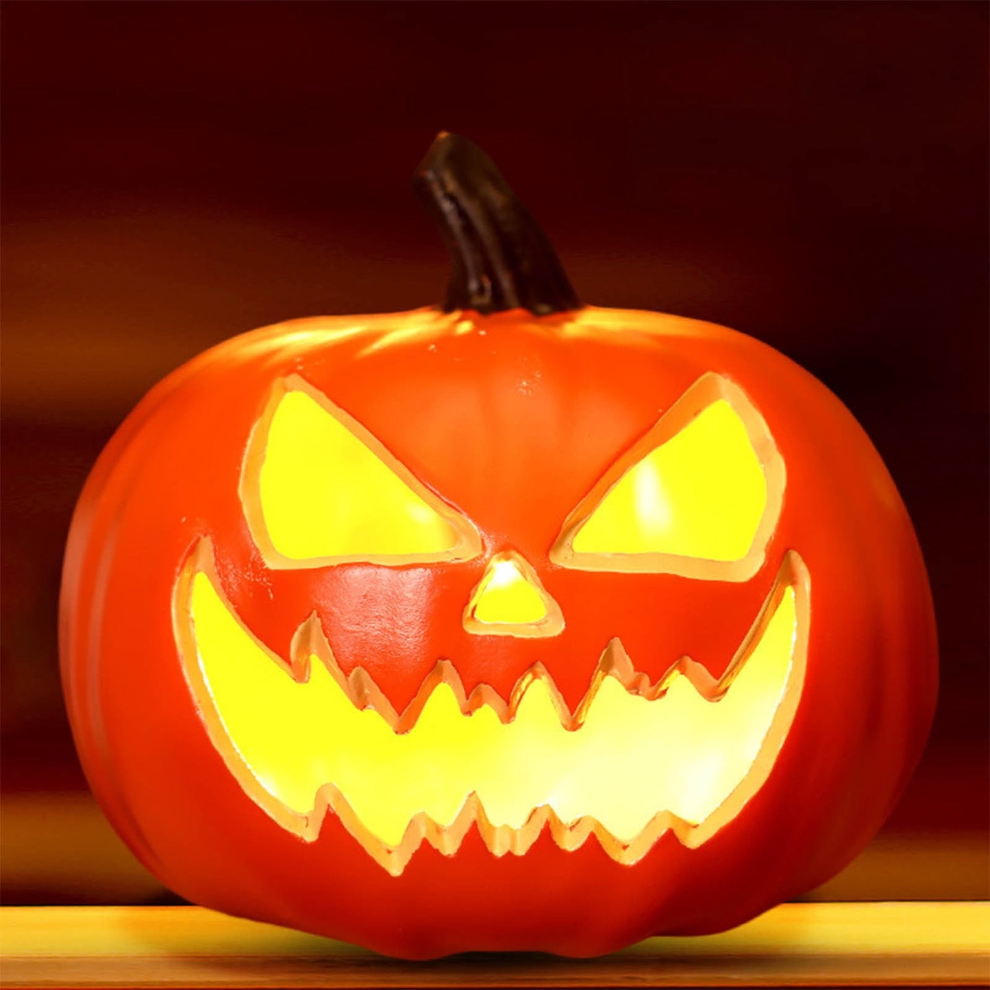 Round Jack O Lantern Pumpkin, Halloween Hollow Jack O Lantern LED Light 7.8 Inch Large Evil Eye Pumpkin Figurine for Mantel Table Covered Porch Indoor Fall Home Decor