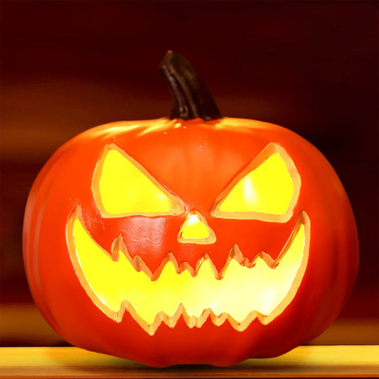 Round Jack O Lantern Pumpkin, Halloween Hollow Jack O Lantern LED Light 7.8 Inch Large Evil Eye Pumpkin Figurine for Mantel Table Covered Porch Indoor Fall Home Decor