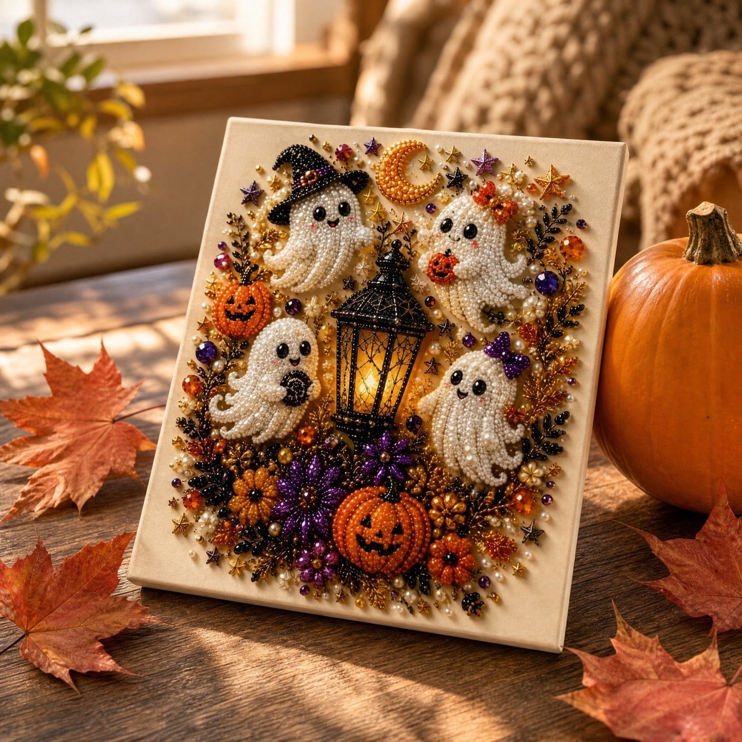Spooky Home Vintage Stained Glass Pumpkin Table Lamp, USB Powered Jack O Lantern Night