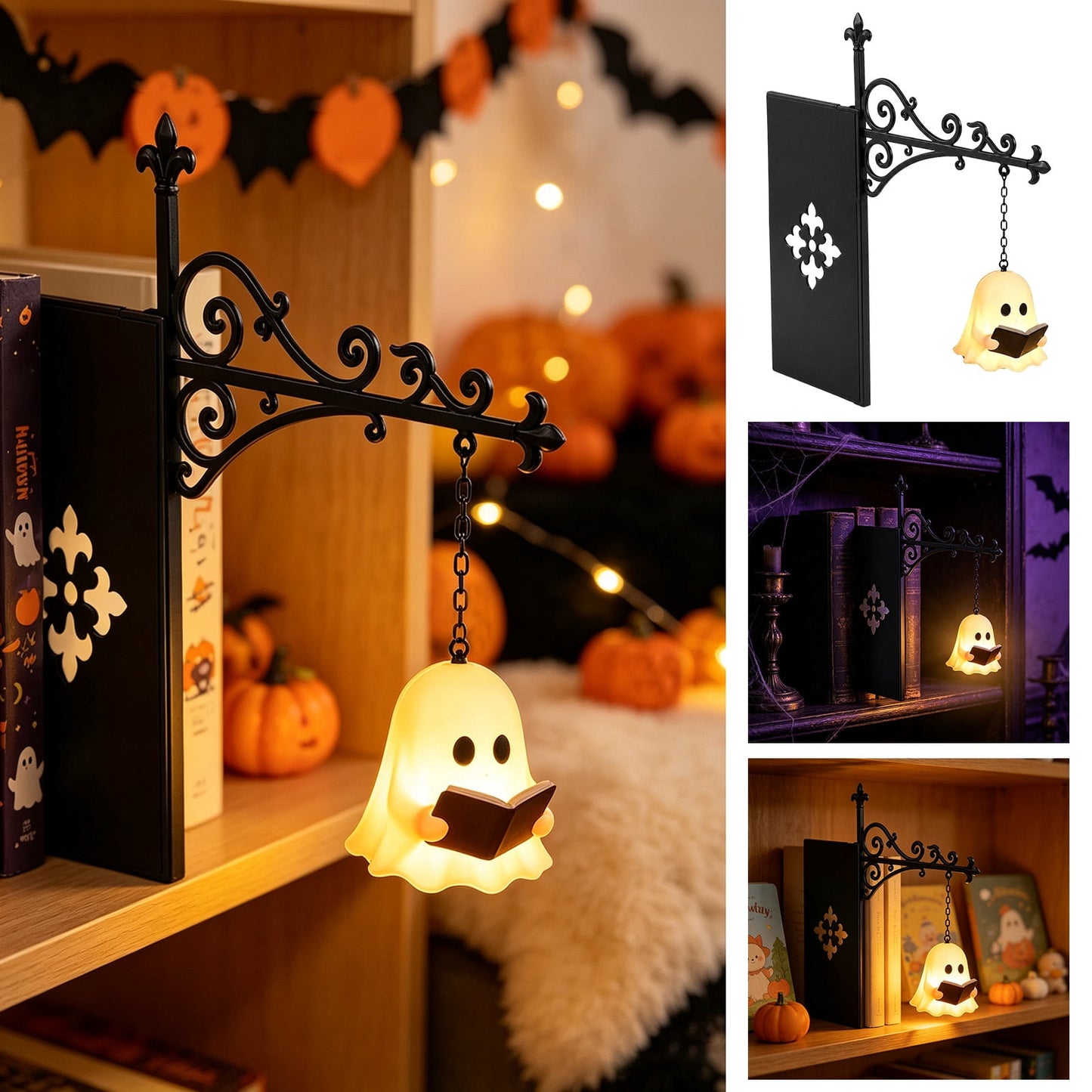 Spooky Home Vintage Stained Glass Pumpkin Table Lamp, USB Powered Jack O Lantern Night