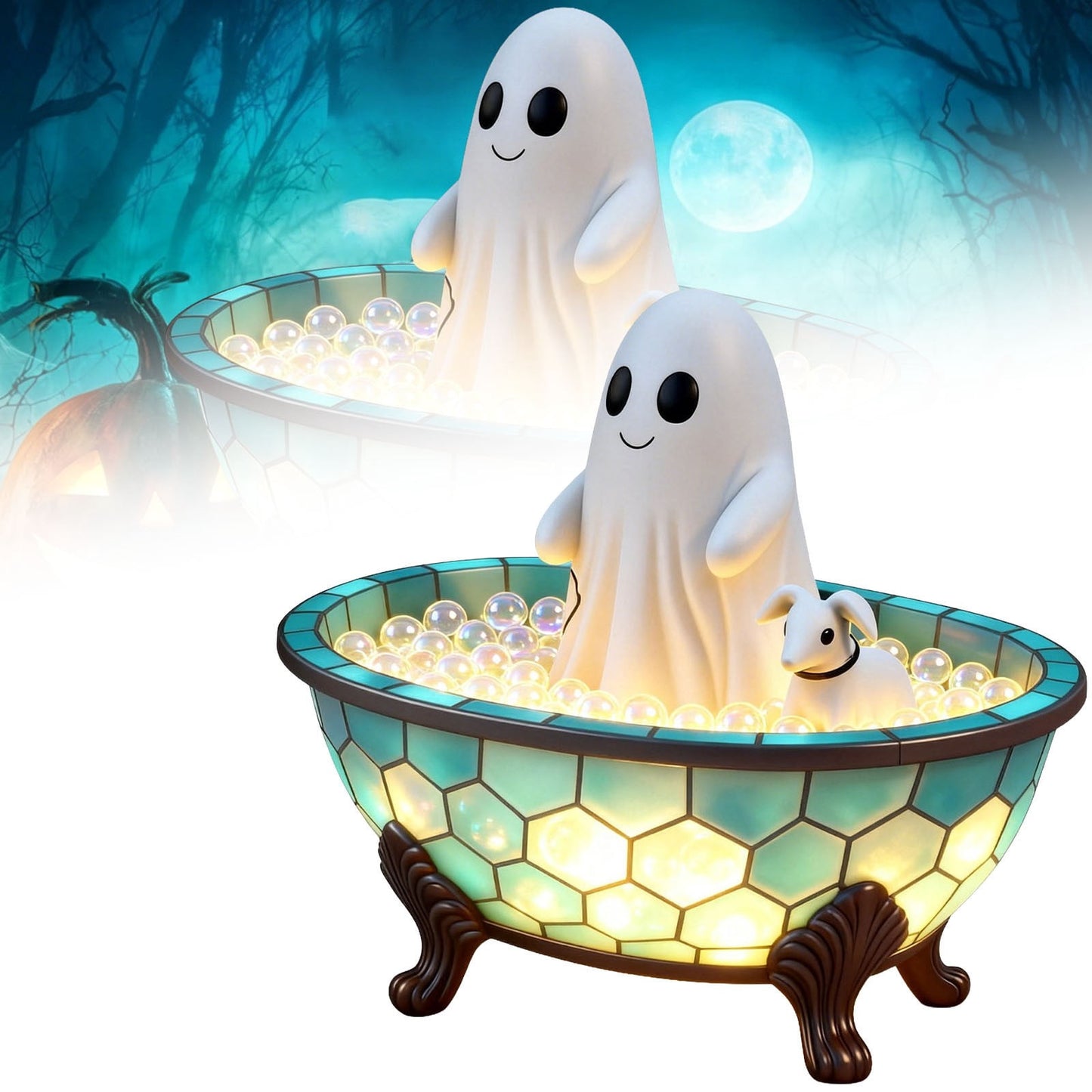 Spooky Home Vintage Stained Glass Pumpkin Table Lamp, USB Powered Jack O Lantern Night