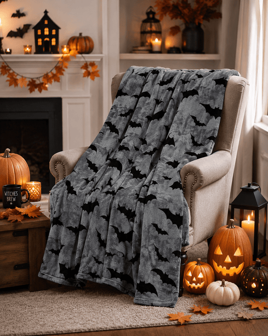 Serafina Home Halloween Throw Blanket : Black Bats on Gray Velvet Soft Fleece 50" x 70" for Sofa Bed Couch Chair Dorm