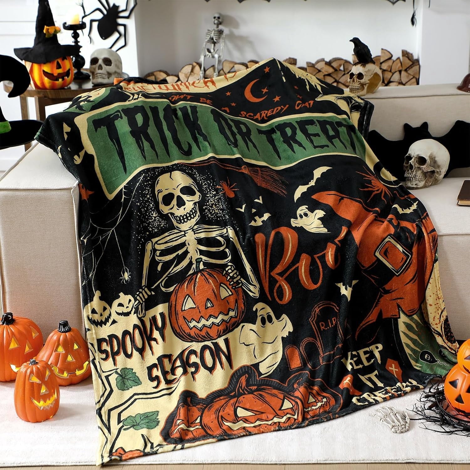 Spooky Season Halloween Skeleton and Pumpkin Throw Blanket with Trick or Treat and Boo Quote Soft Plush Fleece for Home Decor