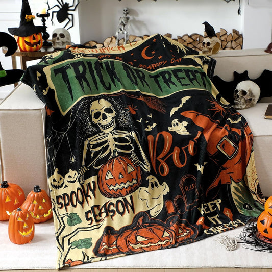 Spooky Season Halloween Skeleton and Pumpkin Throw Blanket with Trick or Treat and Boo Quote Soft Plush Fleece for Home Decor