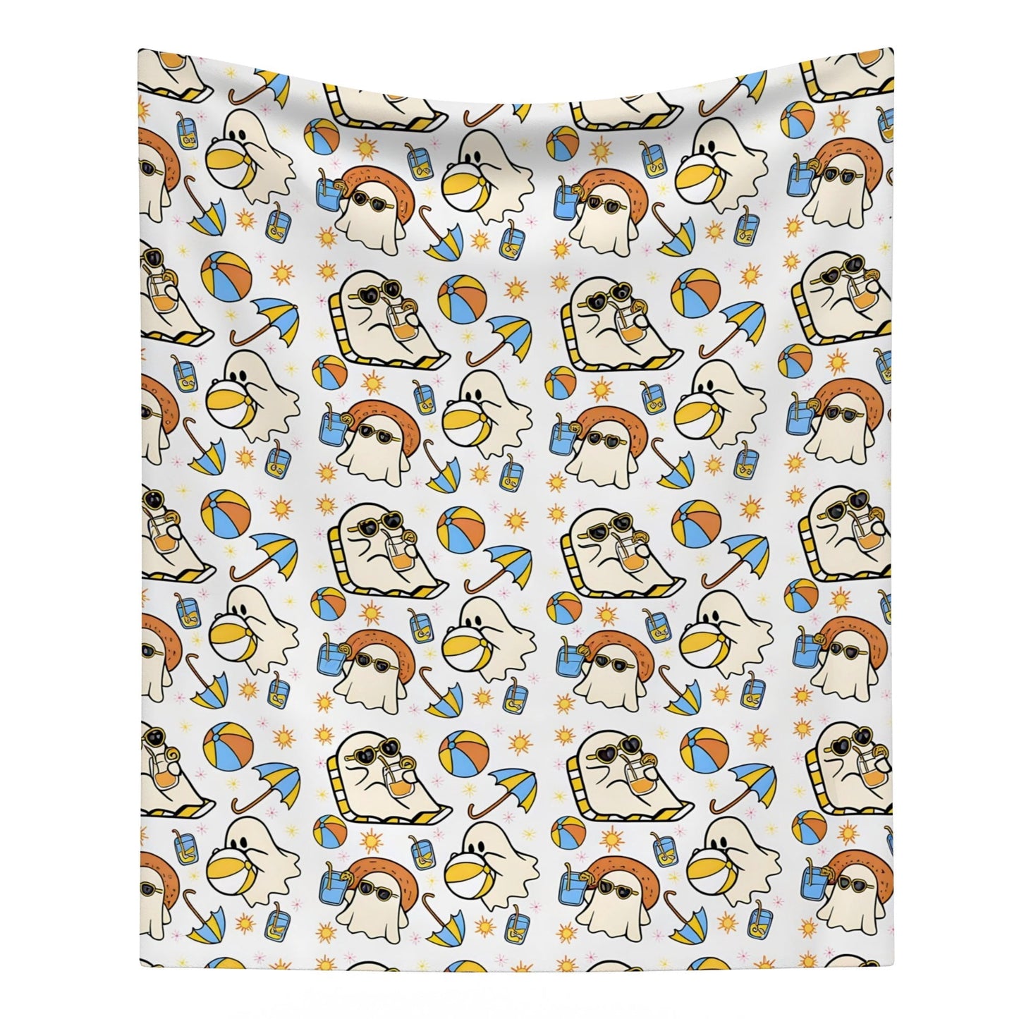 Summerween Beach Ghost Throw Blanket, Cute Ghosts in Sunglasses with Beach Balls & Umbrellas, Cozy Soft Blanket for Bed Couch, 40x50in