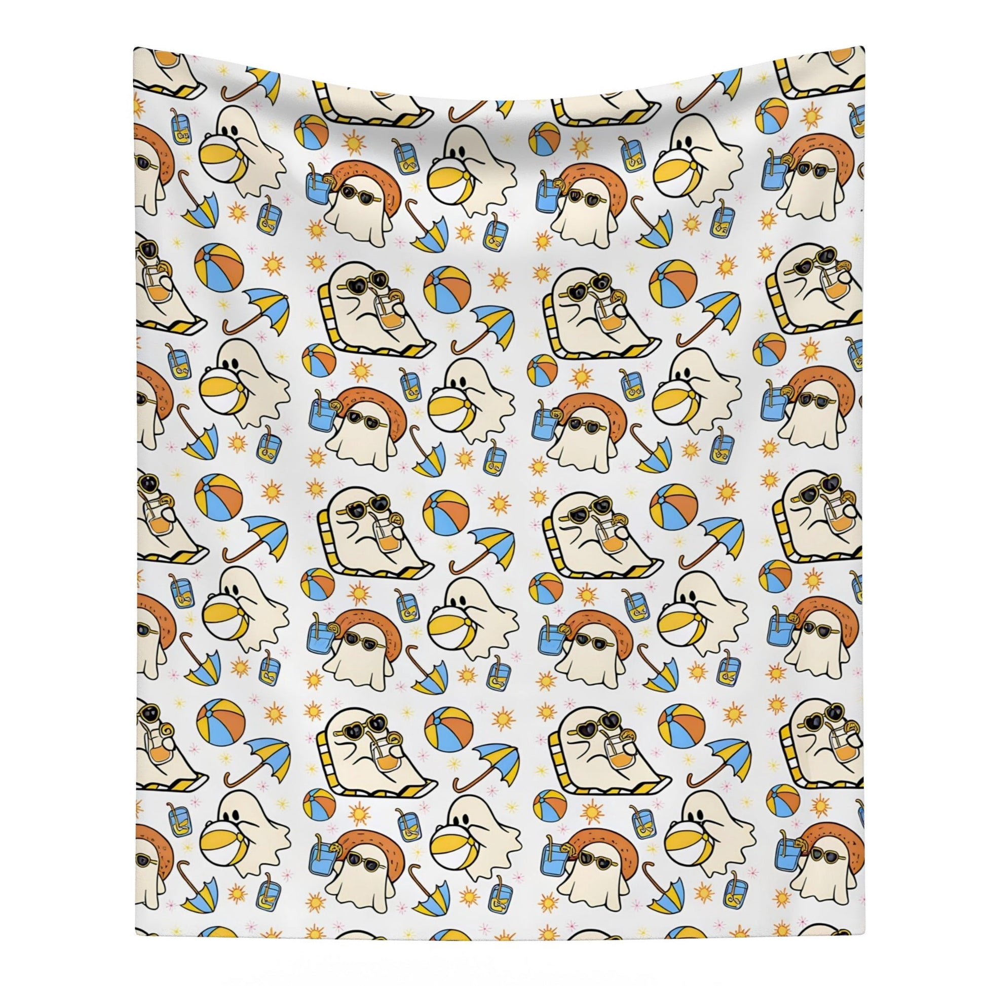 Summerween Beach Ghost Throw Blanket, Cute Ghosts in Sunglasses with Beach Balls & Umbrellas, Cozy Soft Blanket for Bed Couch, 40x50in