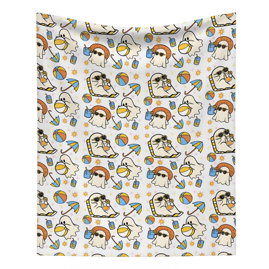 Summerween Beach Ghost Throw Blanket, Cute Ghosts in Sunglasses with Beach Balls & Umbrellas, Cozy Soft Blanket for Bed Couch, 40x50in