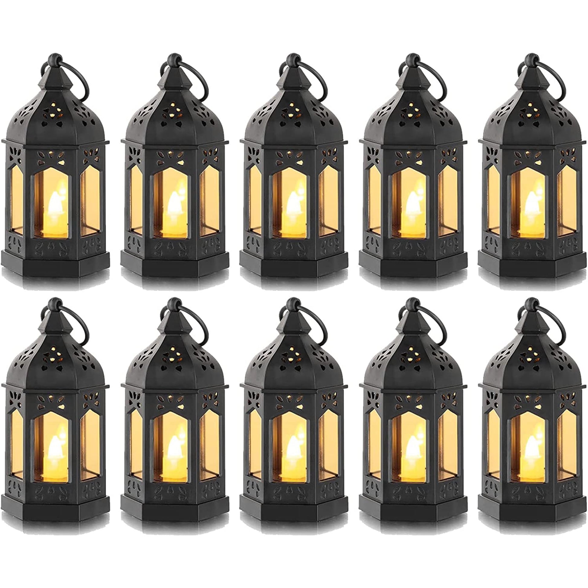 Sziqiqi Mini Lanterns Decorative for Centerpiece: 10pcs Hanging Small Black Lantern Bulk with Flickering LED Candles for Halloween Decorations, Wedding Decor, Christmas Table, Batteries Included