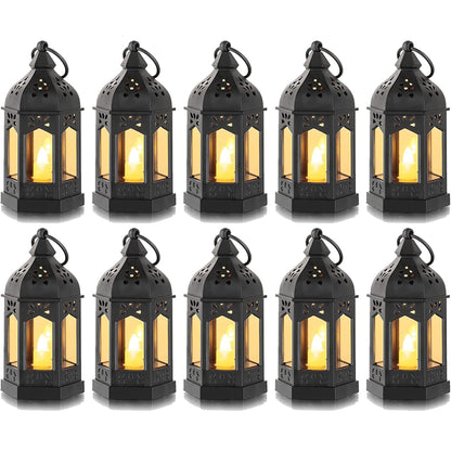 Sziqiqi Mini Lanterns Decorative for Centerpiece: 10pcs Hanging Small Black Lantern Bulk with Flickering LED Candles for Halloween Decorations, Wedding Decor, Christmas Table, Batteries Included