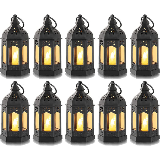 Sziqiqi Mini Lanterns Decorative for Centerpiece: 10pcs Hanging Small Black Lantern Bulk with Flickering LED Candles for Halloween Decorations, Wedding Decor, Christmas Table, Batteries Included