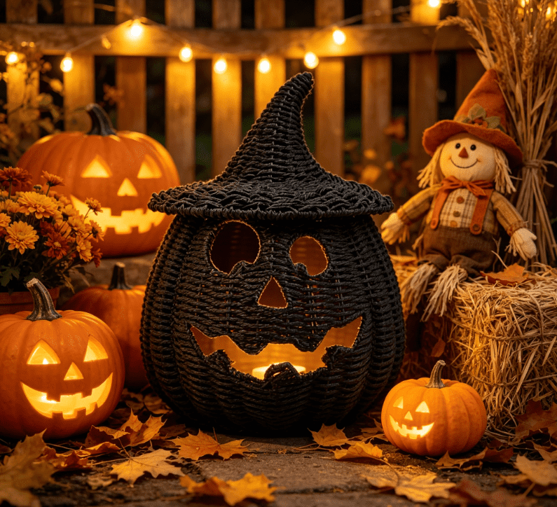 Spooky Home 2026 Black Halloween Woven Pumpkin Jack-O'-Lantern, Halloween Decorations