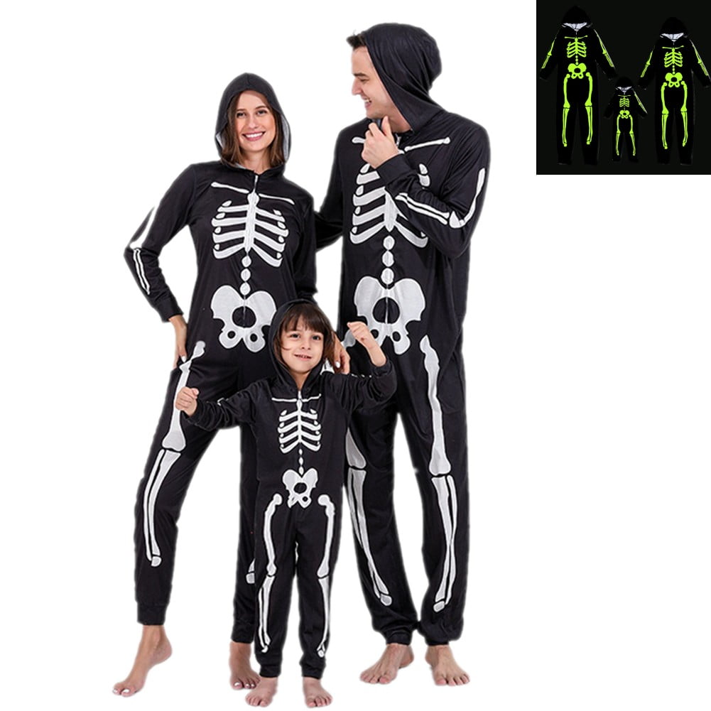 Uccdo Halloween Matching Family Pajamas Sets Glow In The Dark Hooded Skeleton Jumpsuits Holiday Pjs Sleepwear For Adult/Kid/Baby