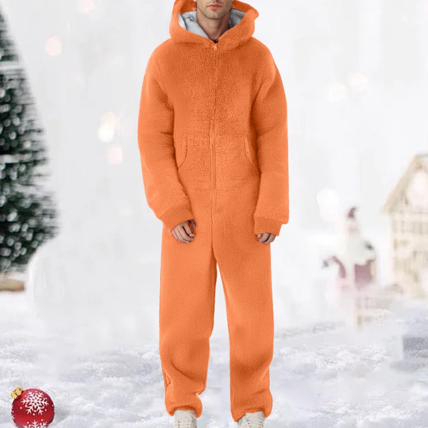 WMTBSRSW Fuzzy Fleece Onesie Family Pajamas Solid Hood Jumpsuit Flannel Comfy Matching Sleepwear Hooded One Piece Warm Loungewear Orange Dad