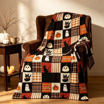 Spooky Home Halloween Throw Blanket, 51x59 inch Soft Flannel Plaid Ghost Pumpkin