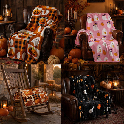 Spooky Home Halloween Throw Blanket, 51x59 inch Soft Flannel Plaid Ghost Pumpkin