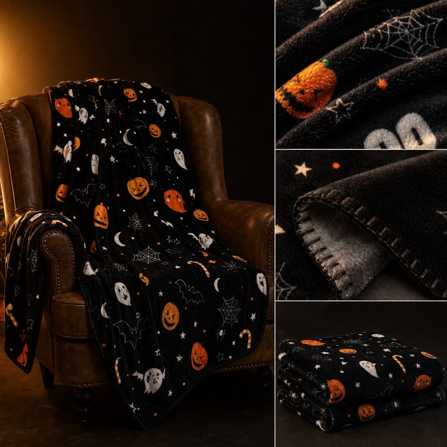 Spooky Home Halloween Throw Blanket, 51x59 inch Soft Flannel Plaid Ghost Pumpkin
