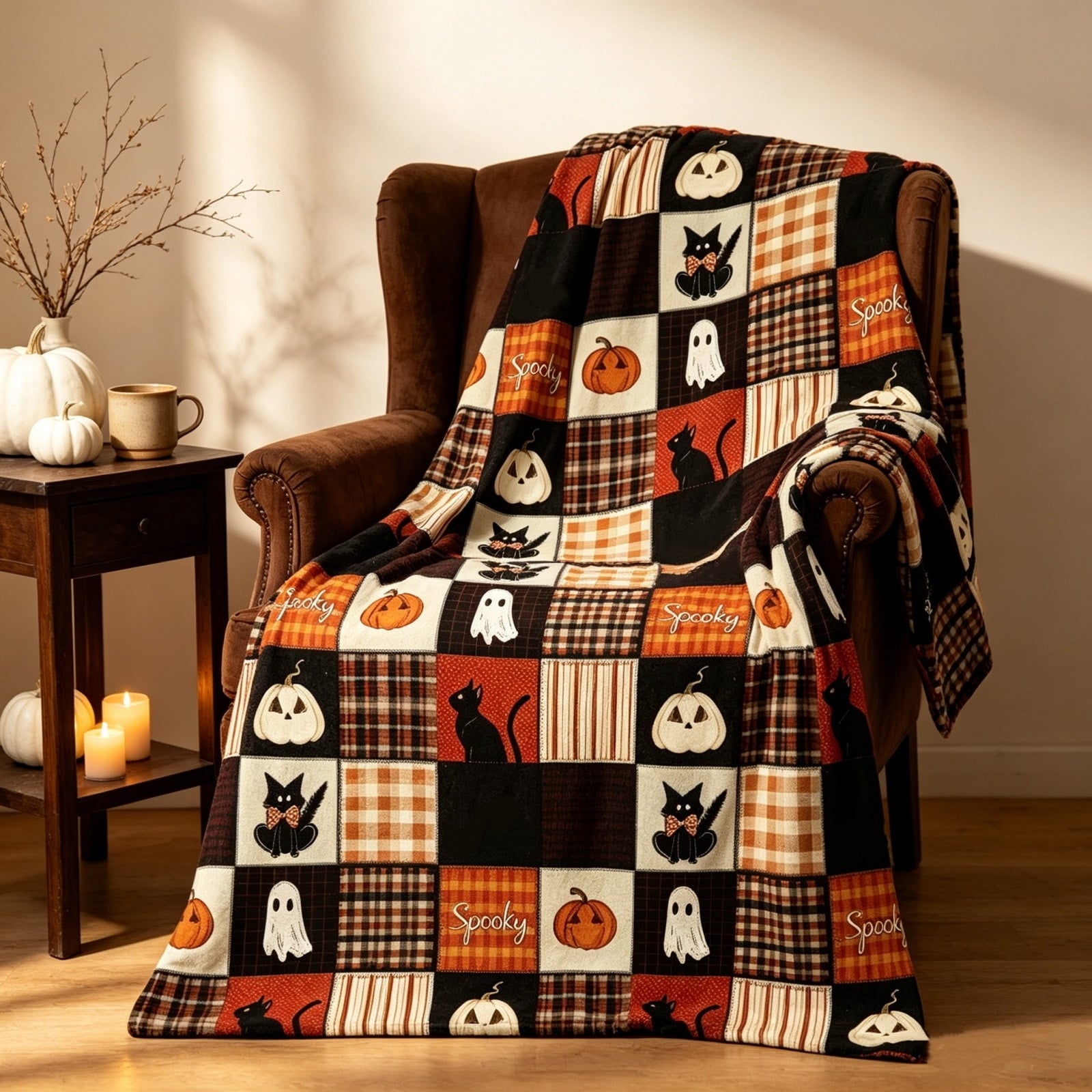 WWC Halloween Throw Blanket, 51x59 inch Soft Flannel Plaid Ghost Pumpkin Halloween Plush Throw, Halloween Cozy Fall Blanket for Couch and BedRoom
