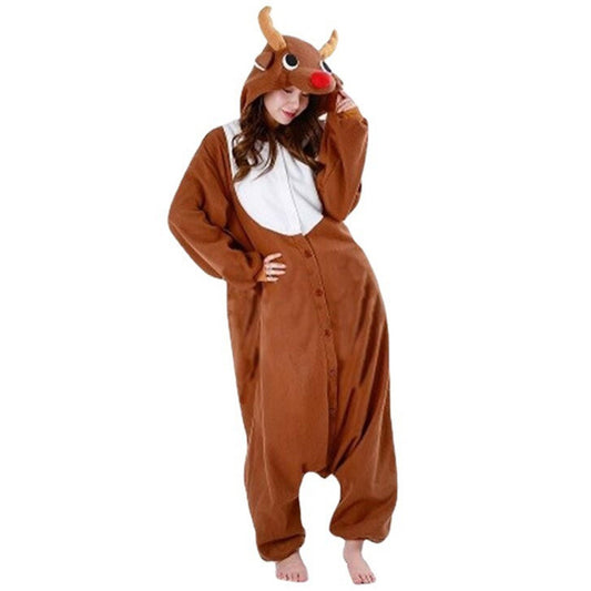 Wowcloth Couple's Cartoon Christmas Deer Pajamas, Winter Fleece Loungewear, One-Piece Long Pants for Cozy Family and Holiday Wear