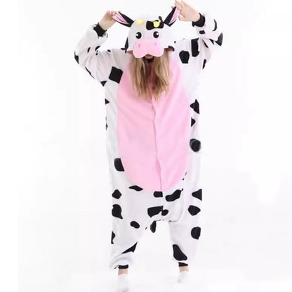 Spooky Home Couple's Cartoon Christmas Deer Pajamas, Winter Fleece Loungewear, One-Piece
