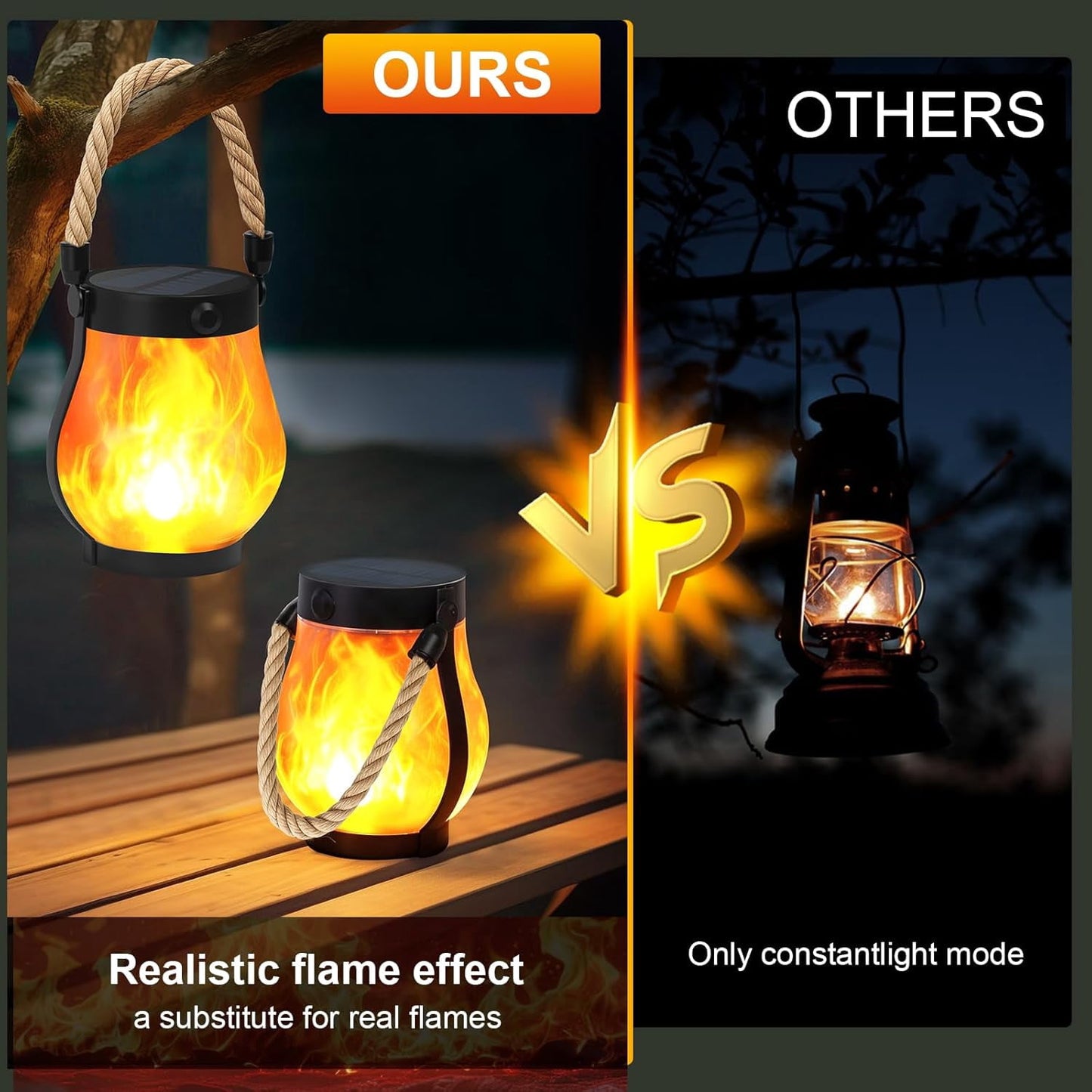 Gkcity Solar Lanterns Outdoor with Ultra-Real Flame, Dual Charging (USB/Solar), 2 Modes & Outdoor Waterproof Design, Decorative Hanging/Table Lights for Yard Patio Garden, Halloween Camp Gear, 2 Pack