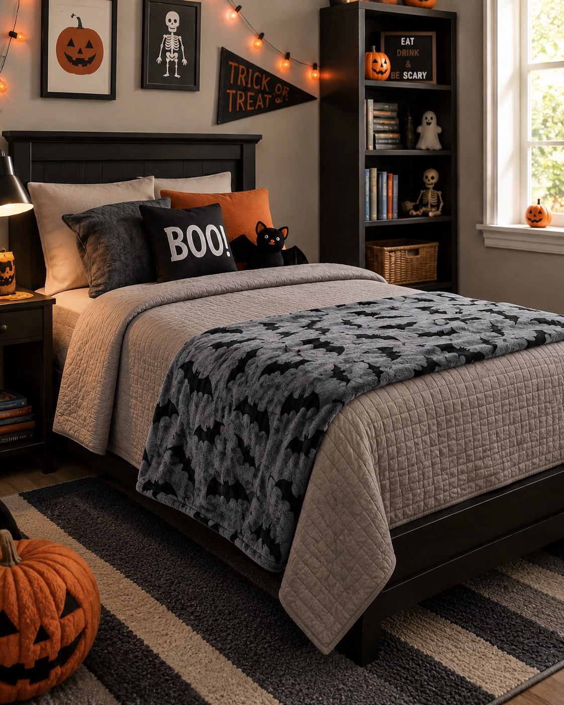 Serafina Home Halloween Throw Blanket : Black Bats on Gray Velvet Soft Fleece 50" x 70" for Sofa Bed Couch Chair Dorm