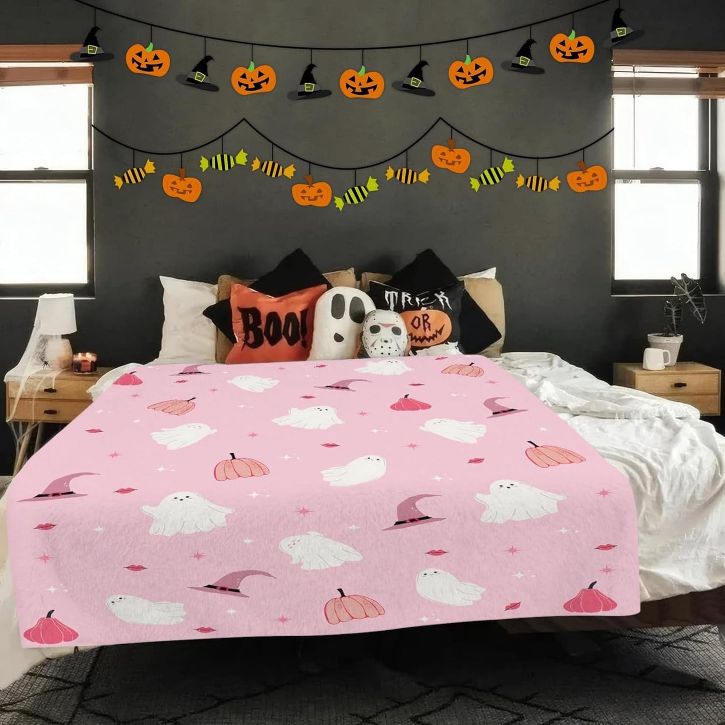 50''*60''Halloween Blanket Cute Ghost Boo Halloween Throw Blankets Spooky Throws for Kids Adults Lightweight Soft Warm Cozy Flannel for Sofa Bedding Decorations Yellow