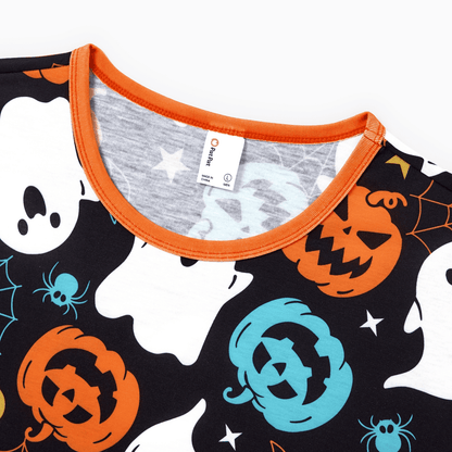 PatPat Halloween Pajamas Men 2 Piece Top & Pants Pjs Sets Family Matching Ghost and Pumpkin Allover Print Short Sleeve Sleepwear, Black, XL