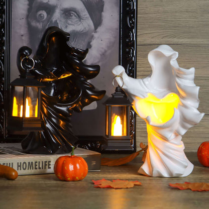 Gustave 2 Pack Halloween Hell Messenger Lantern Faceless Witch Resin Sculpture with LED Lantern Scary Ghost Statue Candle Light for Home Party Decoration "Black & White"