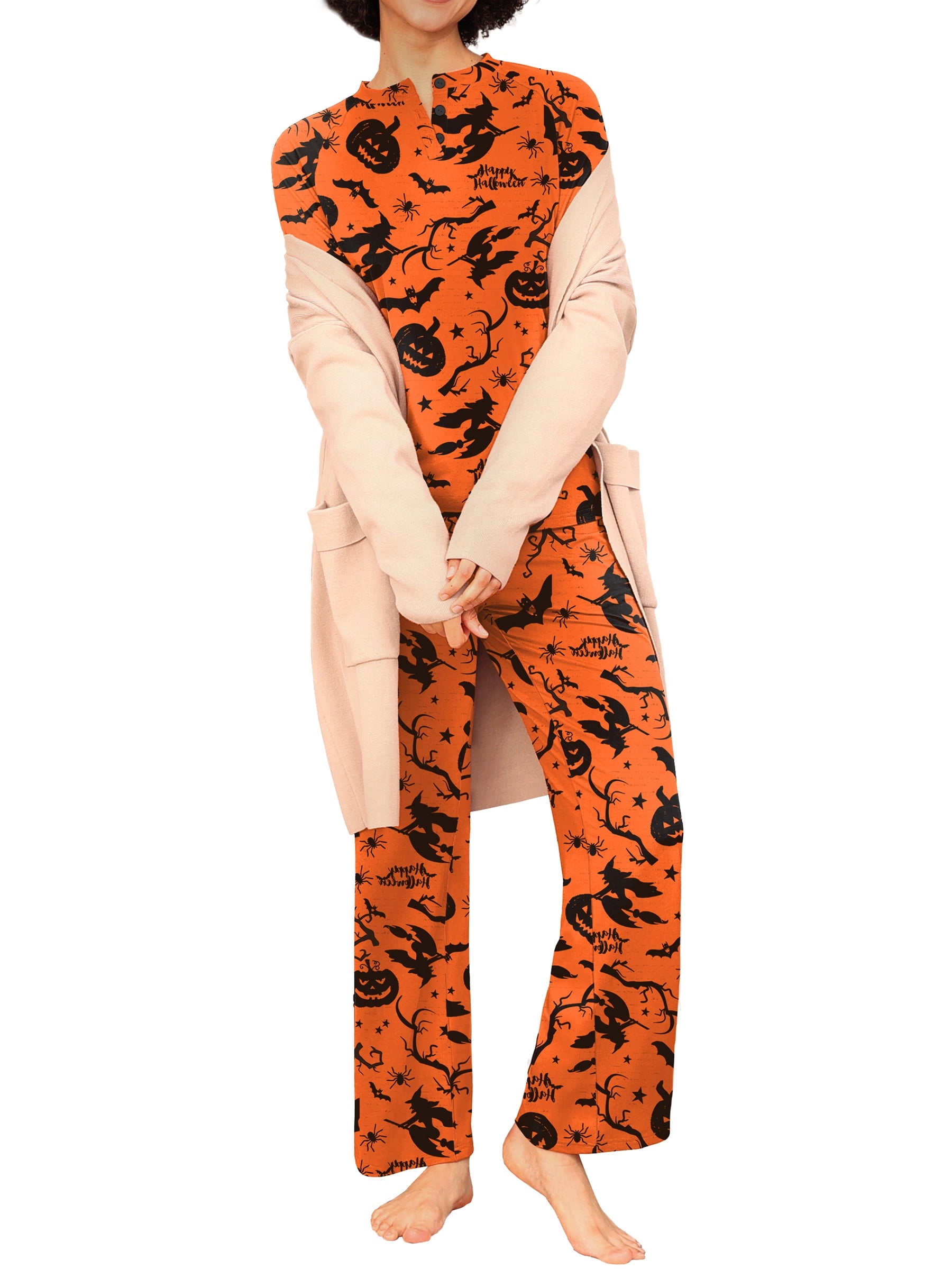 MINTREUS Couple Halloween Pajama Sets Soft PJs Sets for Couples/Women/Men Matching Sleepwear with Pockets