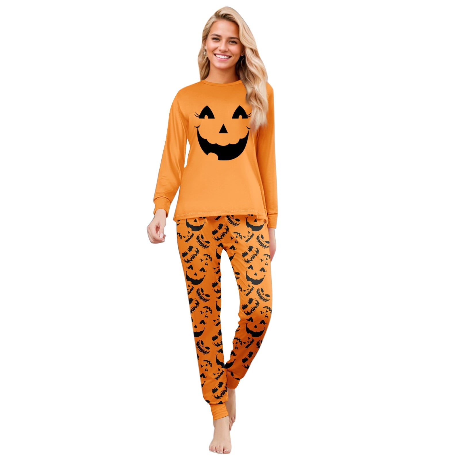 Tplvbz Matching Pajamas for Family Halloween Pumpkin Ghost Pjs Cute Holiday Pajamas Family Member Long Sleeve Matching Pjs Couple Loungewear Pijama Tops Pants for Halloween Women XXXL