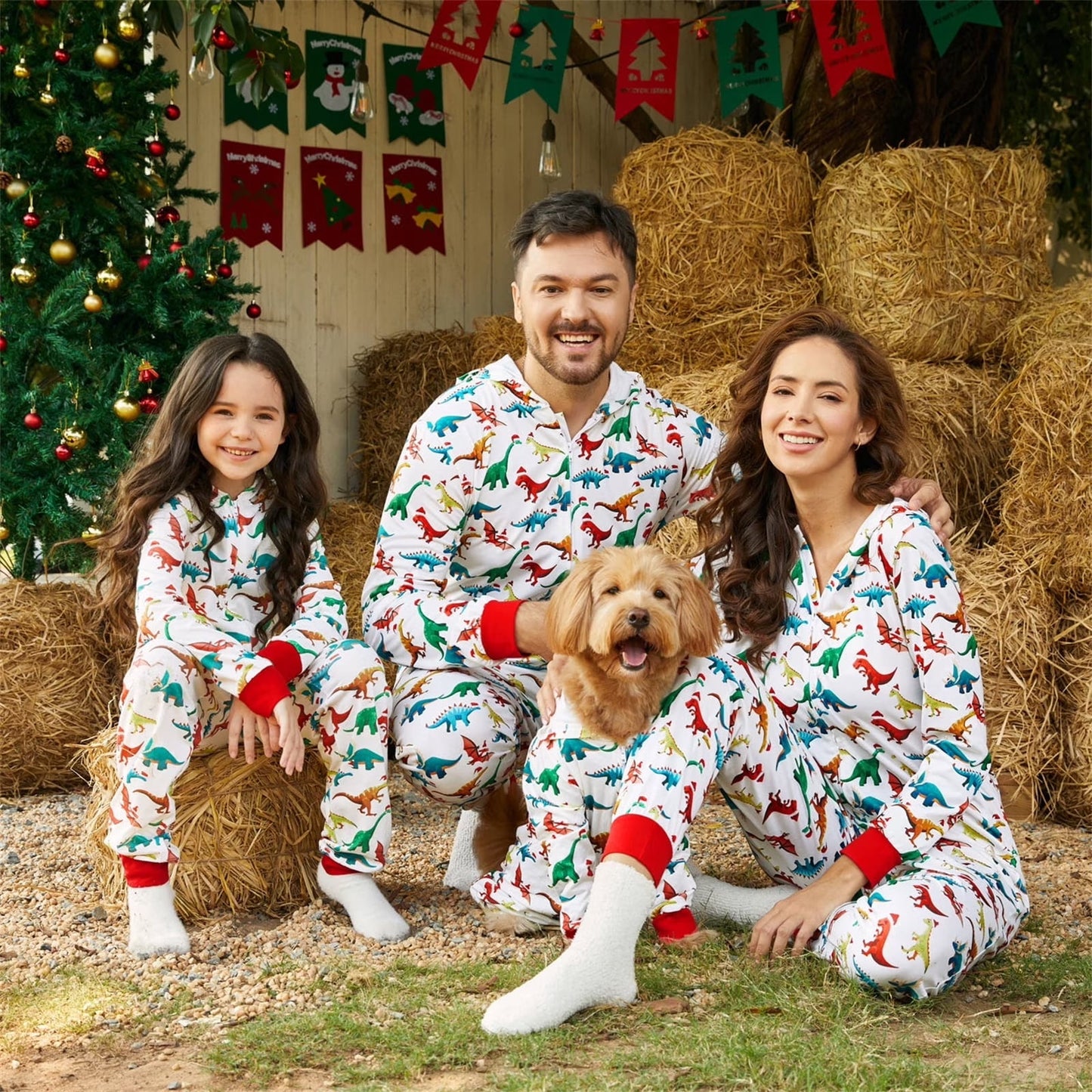 PatPat Christmas Family Matching Pajamas for Women One Piece Long Sleeve Hooded Dinosaur Costume Adult PJs for Couples Holiday Loungewear with Socks Women S