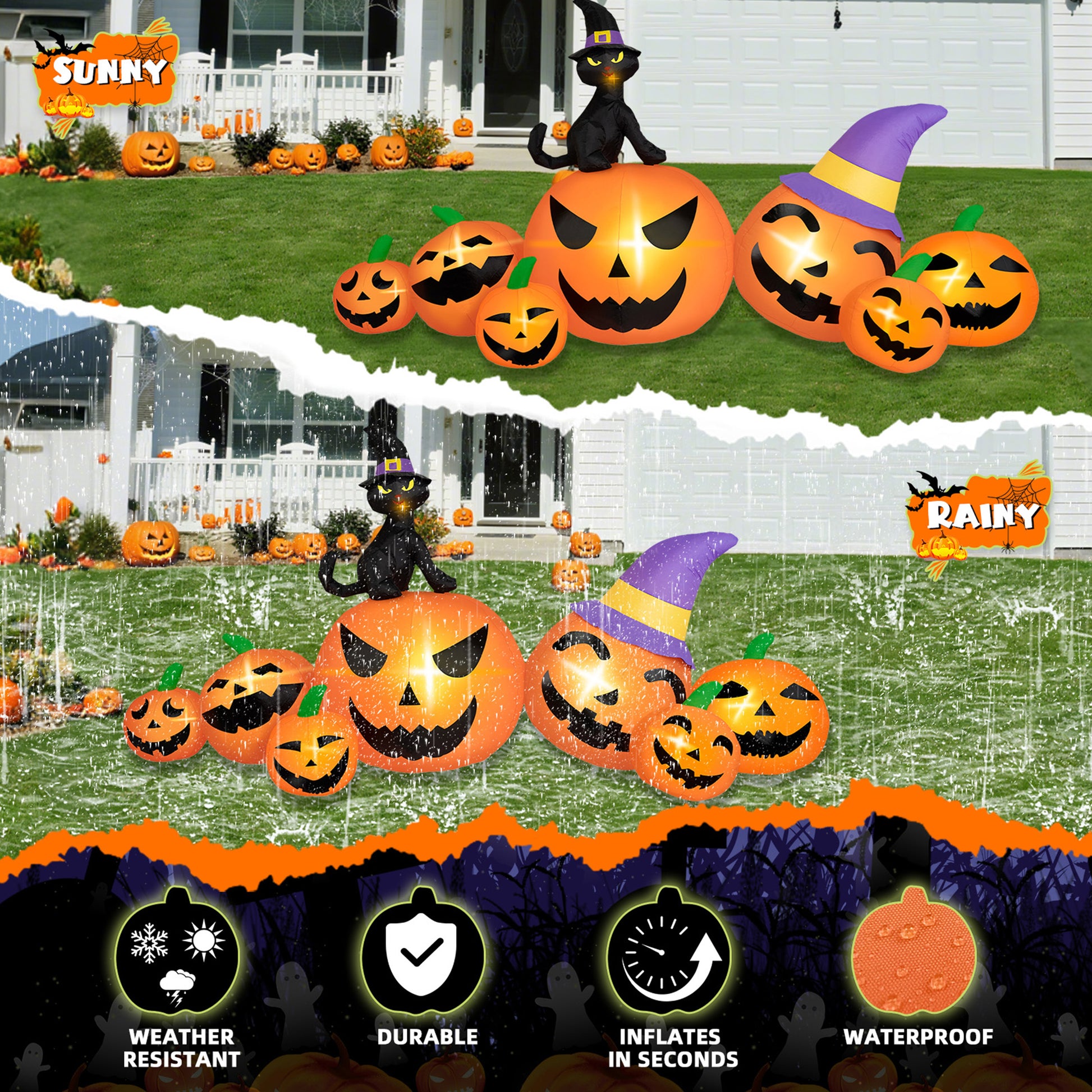 B&D 8FT Long Halloween Inflatables Pumpkin, Blow Up Pumpkins Inflatables with Witch Hat & Black Cat Built-in LED Lights for Halloween Party Yard Garden Lawn Decor
