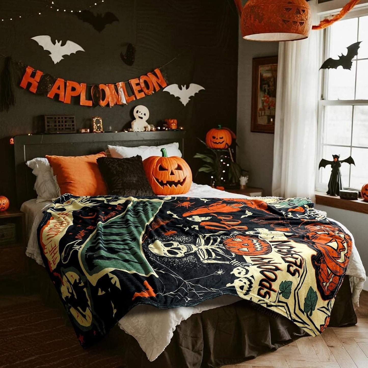 Spooky Season Halloween Skeleton and Pumpkin Throw Blanket with Trick or Treat and Boo Quote Soft Plush Fleece for Home Decor