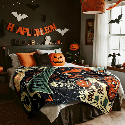 Spooky Season Halloween Skeleton and Pumpkin Throw Blanket with Trick or Treat and Boo Quote Soft Plush Fleece for Home Decor