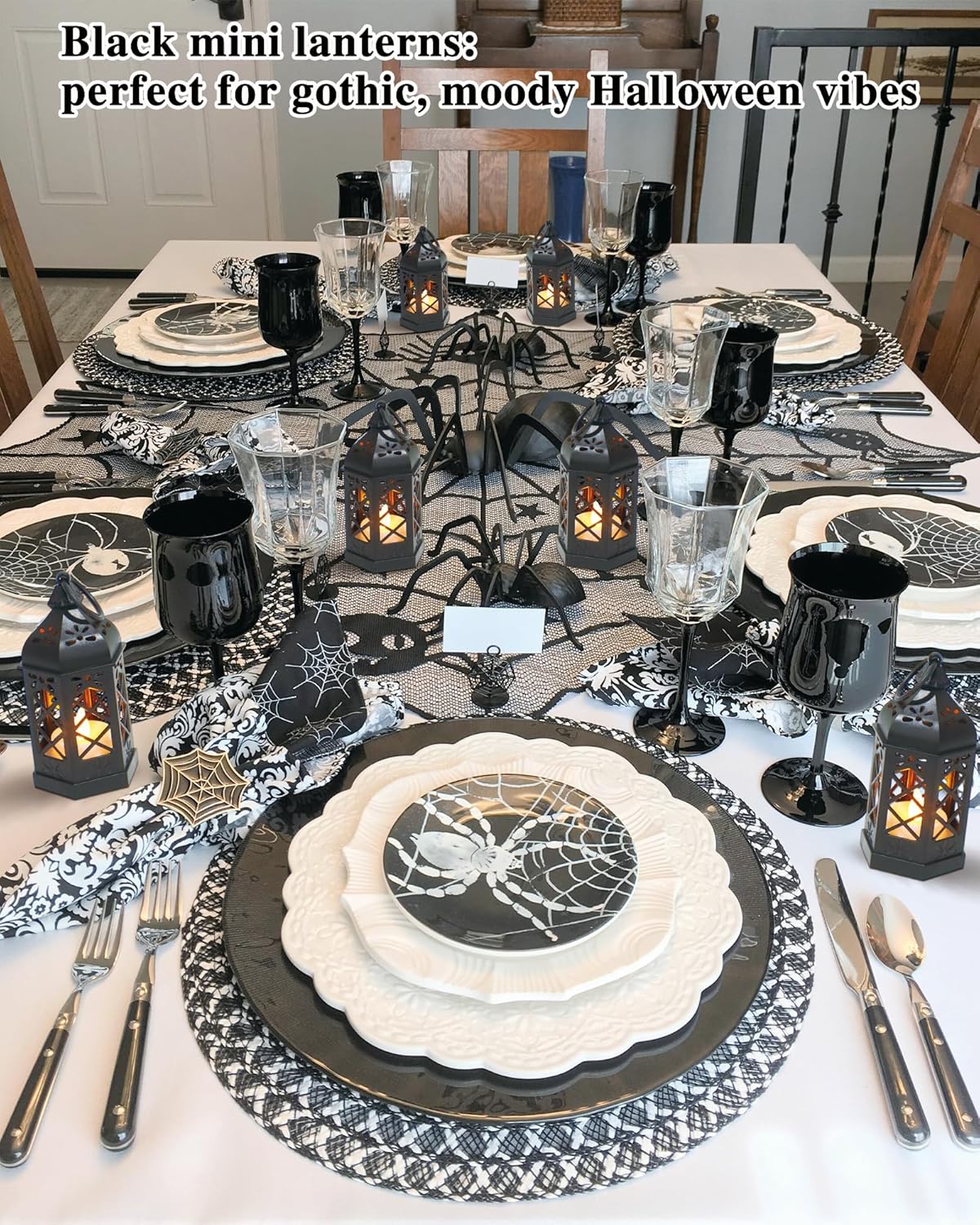Micrency 12-Pack Mini Lanterns with Flickering LED Candles, Moroccan Style Decorative Hanging Lanterns for Halloween, Christmas, Wedding, Black Lantern for Table Centerpiece, Home & Party Decor
