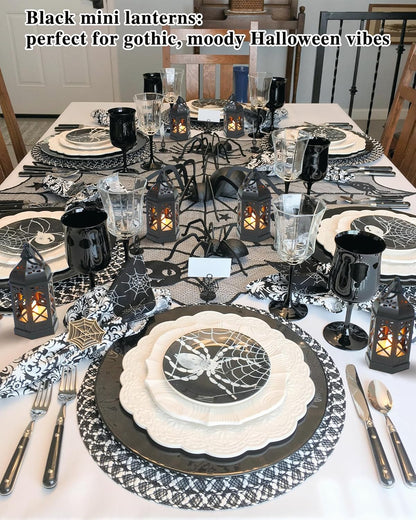 Micrency 12-Pack Mini Lanterns with Flickering LED Candles, Moroccan Style Decorative Hanging Lanterns for Halloween, Christmas, Wedding, Black Lantern for Table Centerpiece, Home & Party Decor
