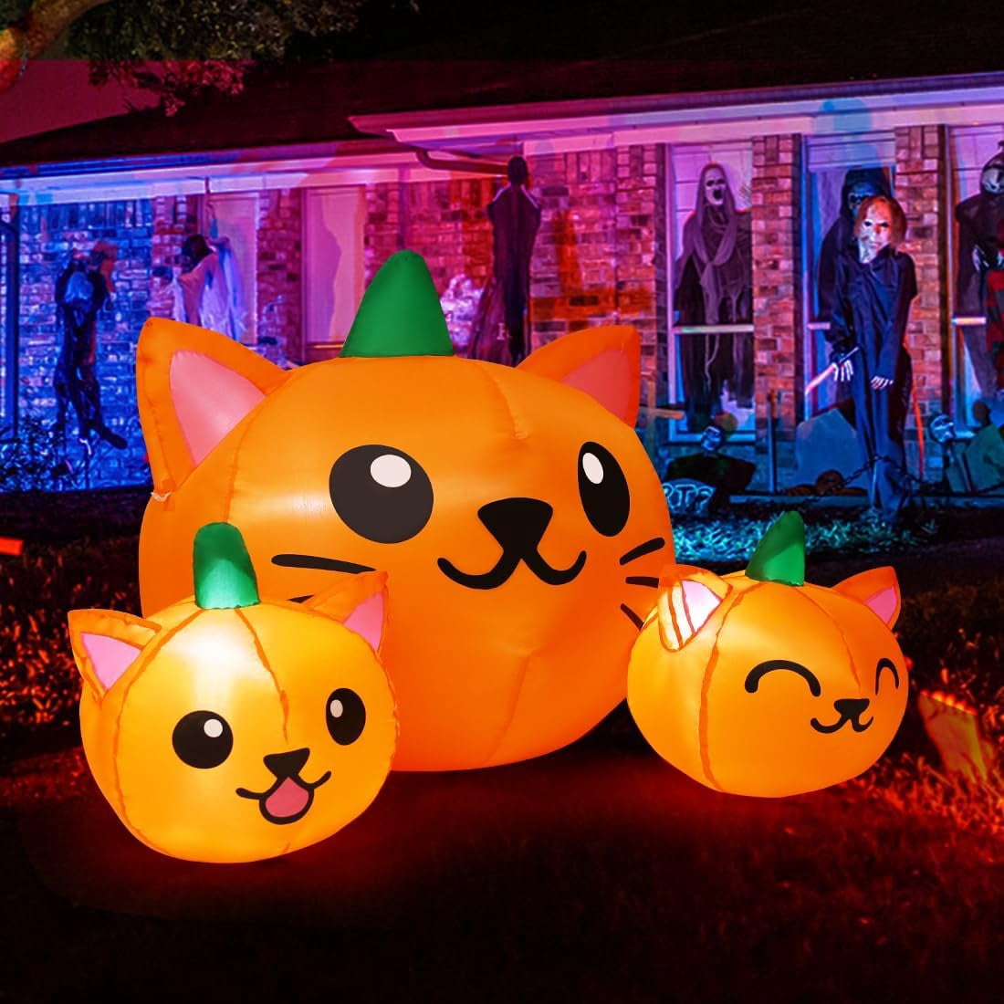 COMIN Halloween Inflatable 5 FT Long Three Pumpkin Cat Head Combo with Built-in LEDs, Blow Up Yard Decoration for Holiday Party Indoor, Outdoor, Yard, Garden, Lawn