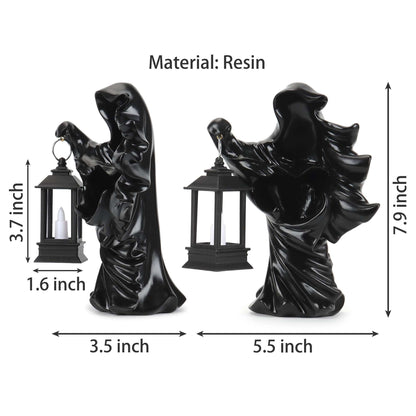 Gustave 2 Pack Halloween Hell Messenger Lantern Faceless Witch Resin Sculpture with LED Lantern Scary Ghost Statue Candle Light for Home Party Decoration "Black & White"
