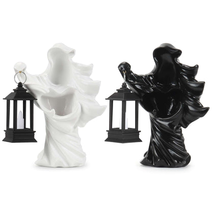 Gustave 2 Pack Halloween Hell Messenger Lantern Faceless Witch Resin Sculpture with LED Lantern Scary Ghost Statue Candle Light for Home Party Decoration "Black & White"