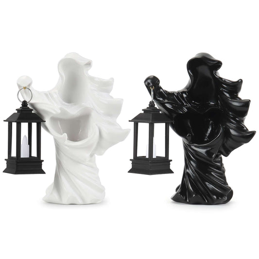 Gustave 2 Pack Halloween Hell Messenger Lantern Faceless Witch Resin Sculpture with LED Lantern Scary Ghost Statue Candle Light for Home Party Decoration "Black & White"