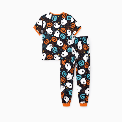 PatPat Halloween Pajamas Men 2 Piece Top & Pants Pjs Sets Family Matching Ghost and Pumpkin Allover Print Short Sleeve Sleepwear, Black, XL