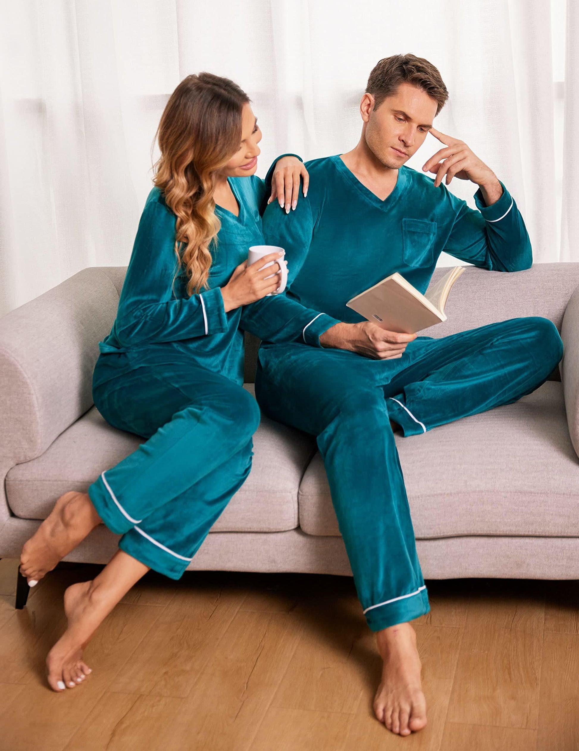 Ekouaer Couples Matching Pajamas Sets Velvet PJs Set for Men and Women Velour Long Sleeve Sleepwear