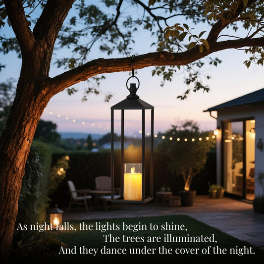 13"+17" Black Candle Lanterns, Metal Decorative Lanterns for Outdoor & Indoor with Flameless LED Candles, Halloween & Christmas Use Modern Patio Porch Garden Floor Decor